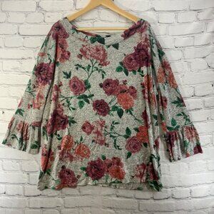 Maurices Sweater Womens Sz 2 20/22 Gray Pullover Rose Print Flutter Sleeves